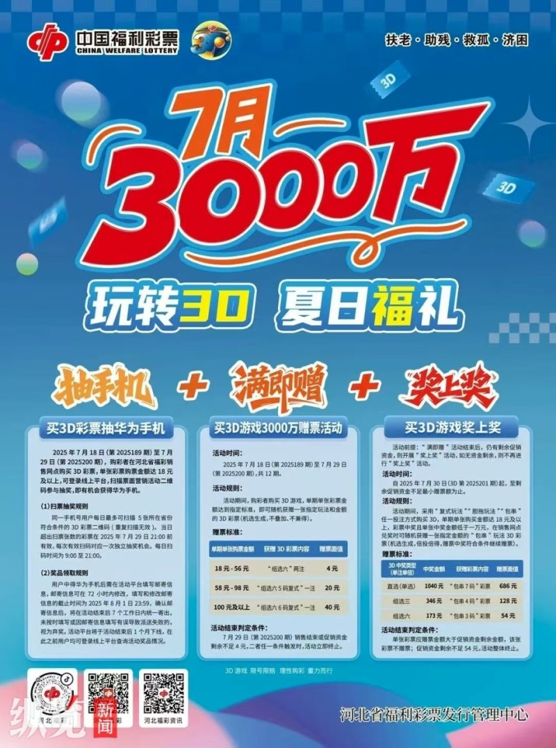 抽手机、300万赠票、奖上奖！  福彩3D夏日送惊喜今日开启